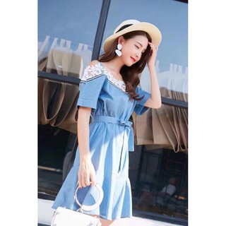 ĐẦM JEAN PHỐI REN KÈM NỊT
