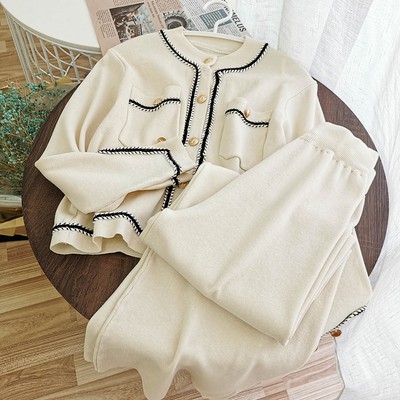 Set quần áo len quần ống rộng áo khoác len cardigan thanh lịch Đ205