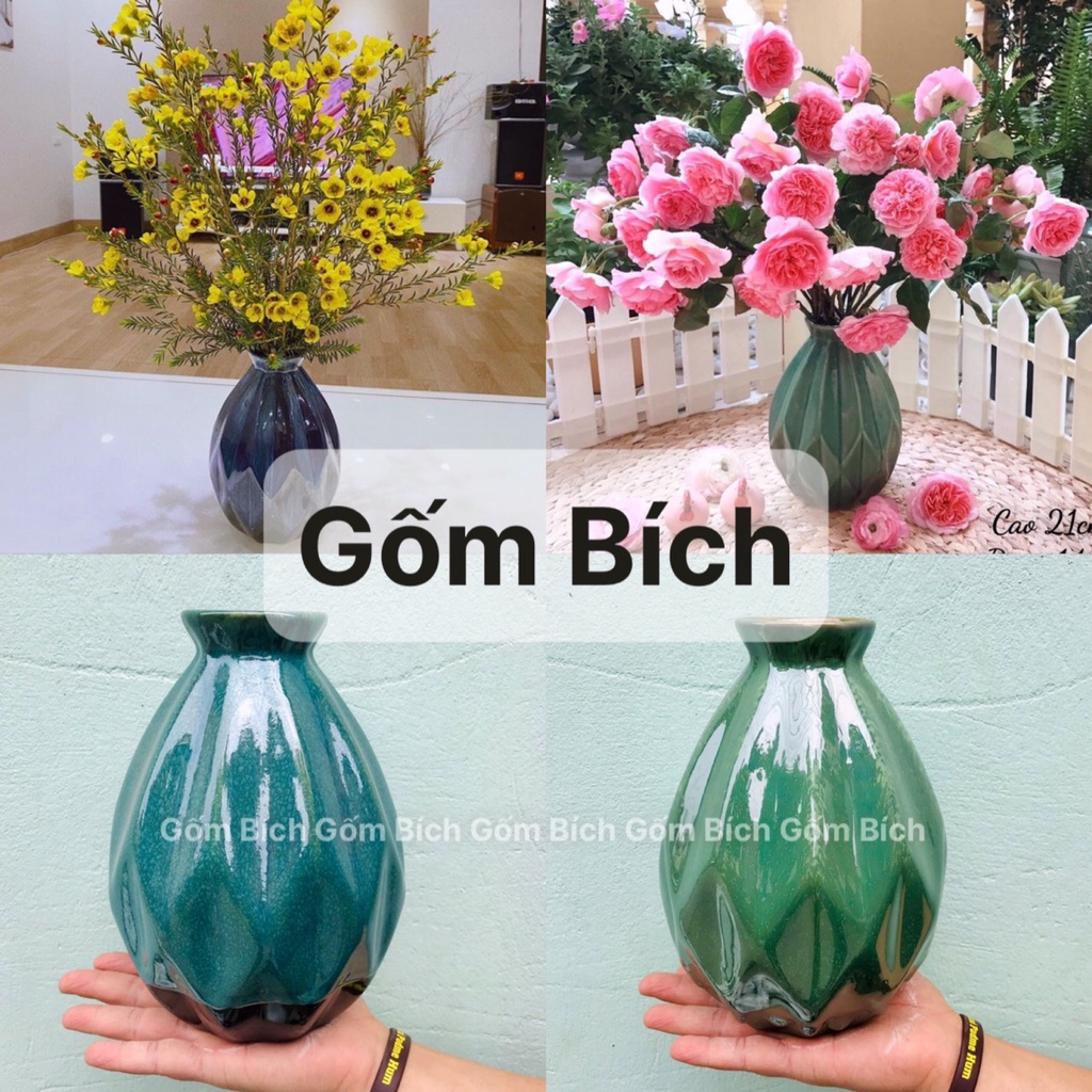 Bình Hoa Lọ Hoa Sứ Dáng Kim Cương Men Kính Bóng Cao 21cm - Gốm Sứ Bát Tràng