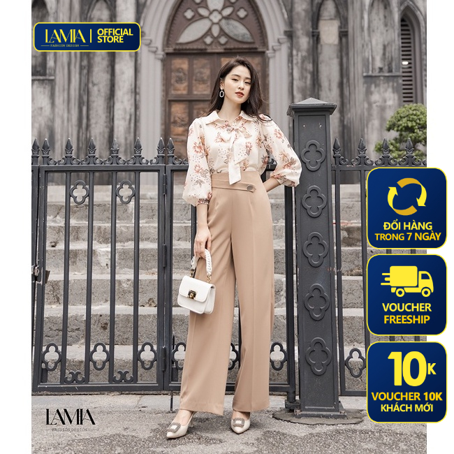 Quần âu nữ Lamia Design LQ047 màu nâu tây dáng suông phối đai tab chéo