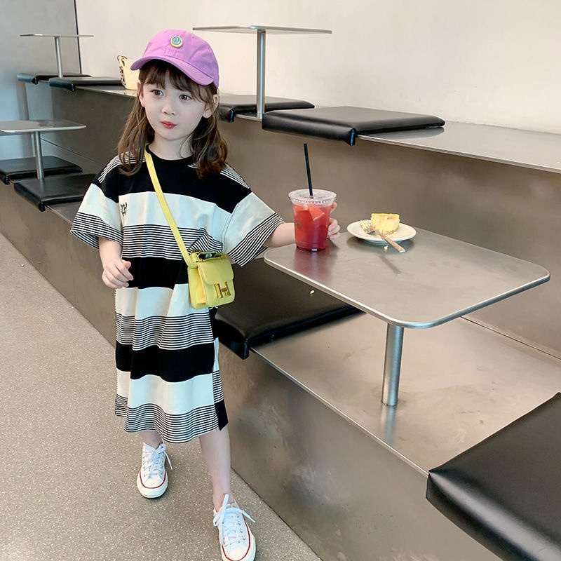Đầm Thun Tay Ngắn Họa Tiết Kẻ Sọc Phong Cách Hàn Quốc Thời Trang Mùa Hè Xinh Xắn Cho Bé Gái