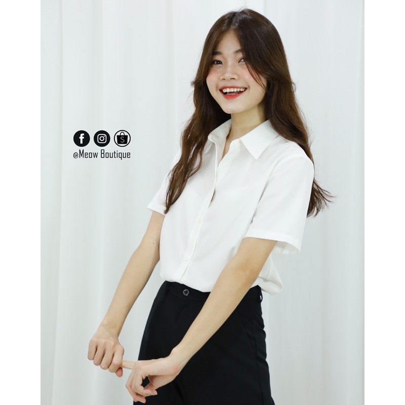 [Hình thật tự chụp] Sơ mi trắng trơn tay ngắn đi học đi làm công sở tay ngắn Meow Boutique