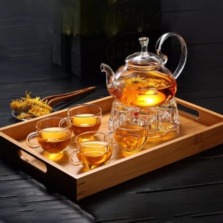 Bộ ấm chén pha trà thuỷ tinh có bếp đun