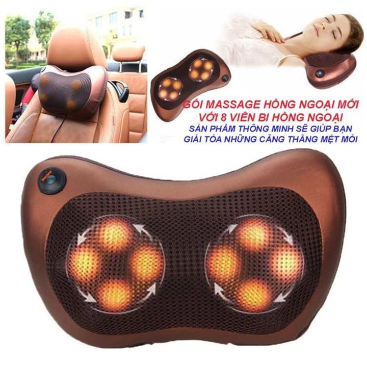 [ COMBO ] Gối massage hồng ngoại 8 bi trị liệu nhức mỏi tặng kèm đầu cắm sạc ô tô thông mịnh