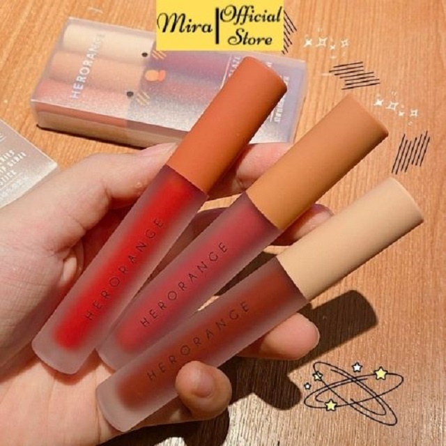 Set 3 Son kem lì herorange mềm mịn tự nhiên hiệu ứng chống thấm nước sáng bóng