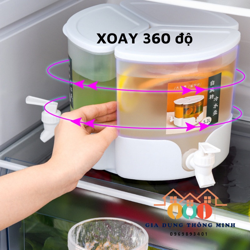 Bình nước 3 ngăn đế xoay 360 độ, có nắp đậy tiện lợi, dung tích 5.2L