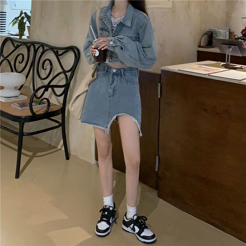 Set Áo Khoác Kèm Chân Váy Jean Xanh Phong Cách Hàn Quốc ❤️