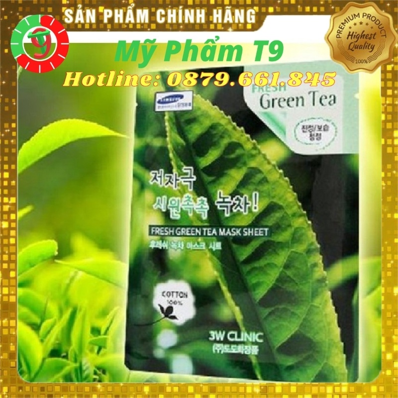 20 Mặt nạ giấy dưỡng da làm trắng và cấp ẩm chăm sóc da thiên nhiên trà xanh 3W Clinic Fresh Green Tea Mask Sheet