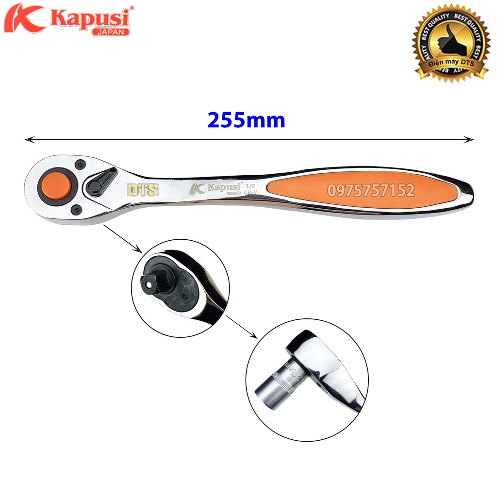 Bộ khẩu, bộ tuýp 1/2 công nghiệp Kapusi JAPAN 11 chi tiết 8-24mm, bộ cần tự động sửa chữa xe máy, ô tô chuyên nghiệp