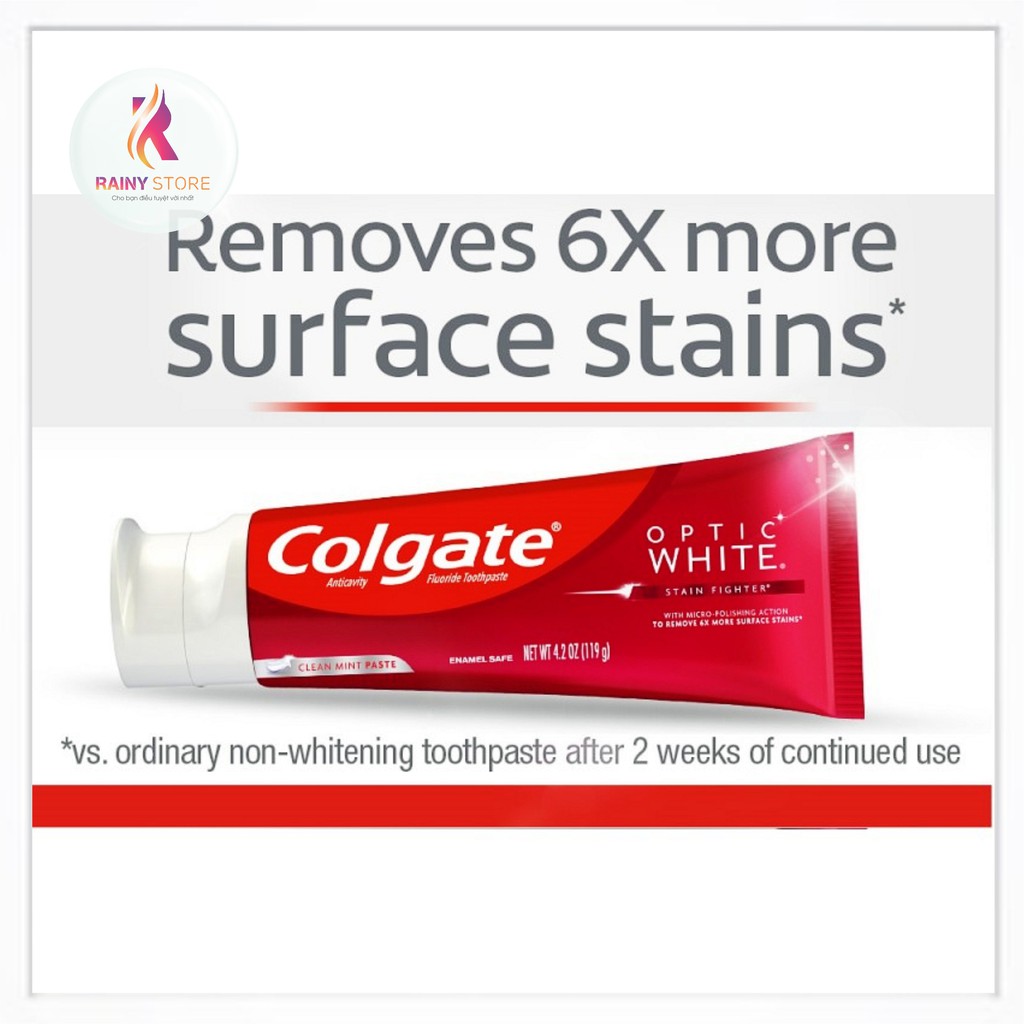 Kem đánh răng siêu trắng Colgate Optic White Stain Fighter Clean Mint 6X 119g chính hãng của Mỹ