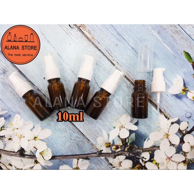 Lọ chiết mỹ phẩm thủy tinh nâu vòi ấn ngắn trắng 10ml