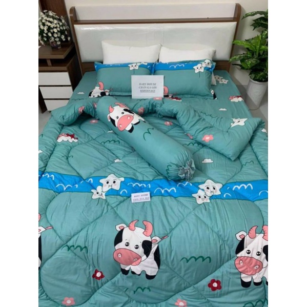Bộ chăn ga 5 món chăn phao trần bông dày dặn mẫu bò sữa