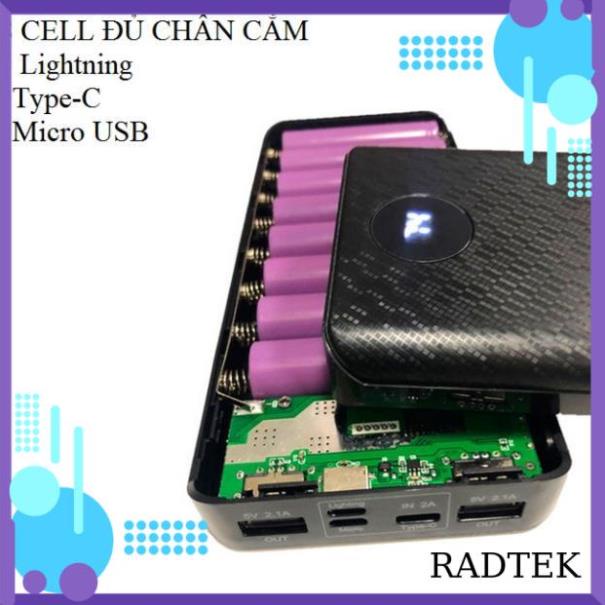 Box sạc dự phòng 8 cell 3 đầu vào Lightning\Type C\Microusb, mạch sạc pin 18650, pin dự phòng