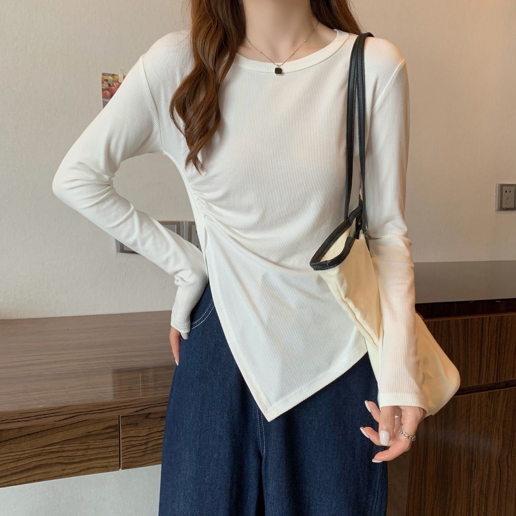Áo Thun Nữ Xẻ Tà Màu Trơn Phong Cách Hàn Quốc Thời Trang Quyến Rũ