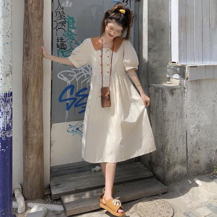 Đầm váy nữ cổ phối màu ống tay ngắn bo chun dáng dài phong cách Hàn Quốc thời trang hè cho nữ