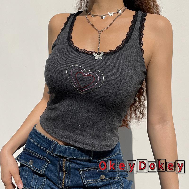 Áo croptop hai dây không tay phối ren in họa tiết trái tim đơn giản cho nữ