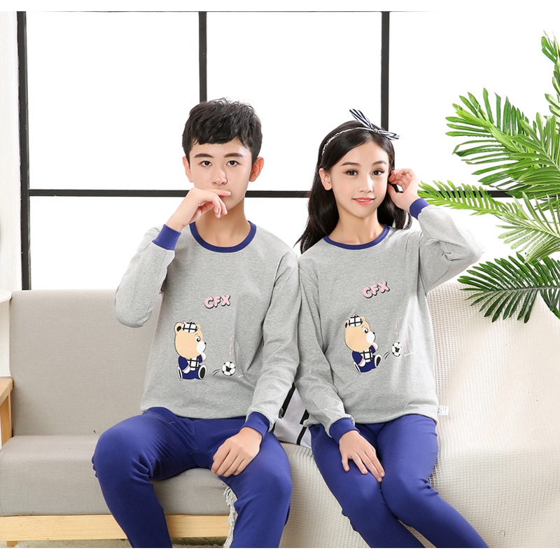 8-18Yrs Teen Boys Bear Sleepwear Soft Breathable Homewear Sleep Shirt Kids Girl 2pcs Cartoon Cotton Pyjamas
