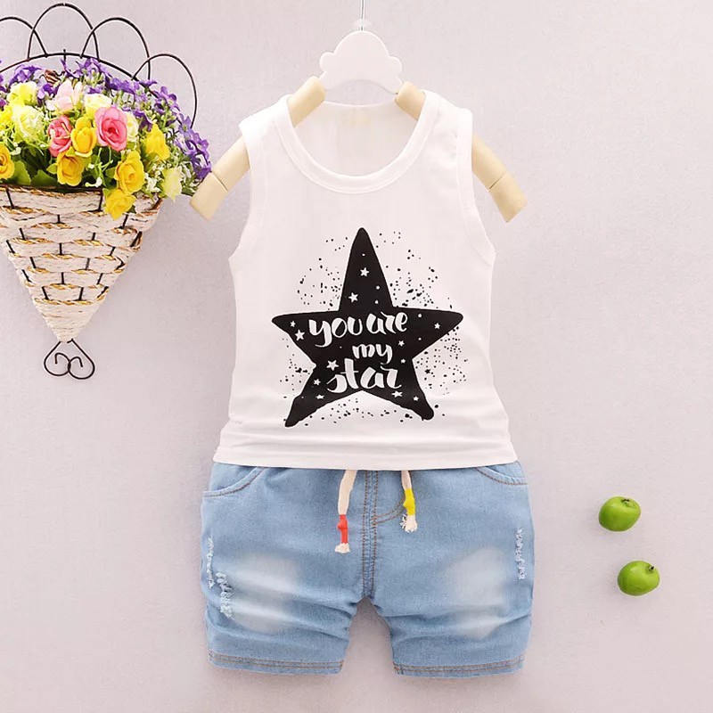 Bộ áo thun sát nách + quần jean denim cho bé trai (0-4 tuổi)