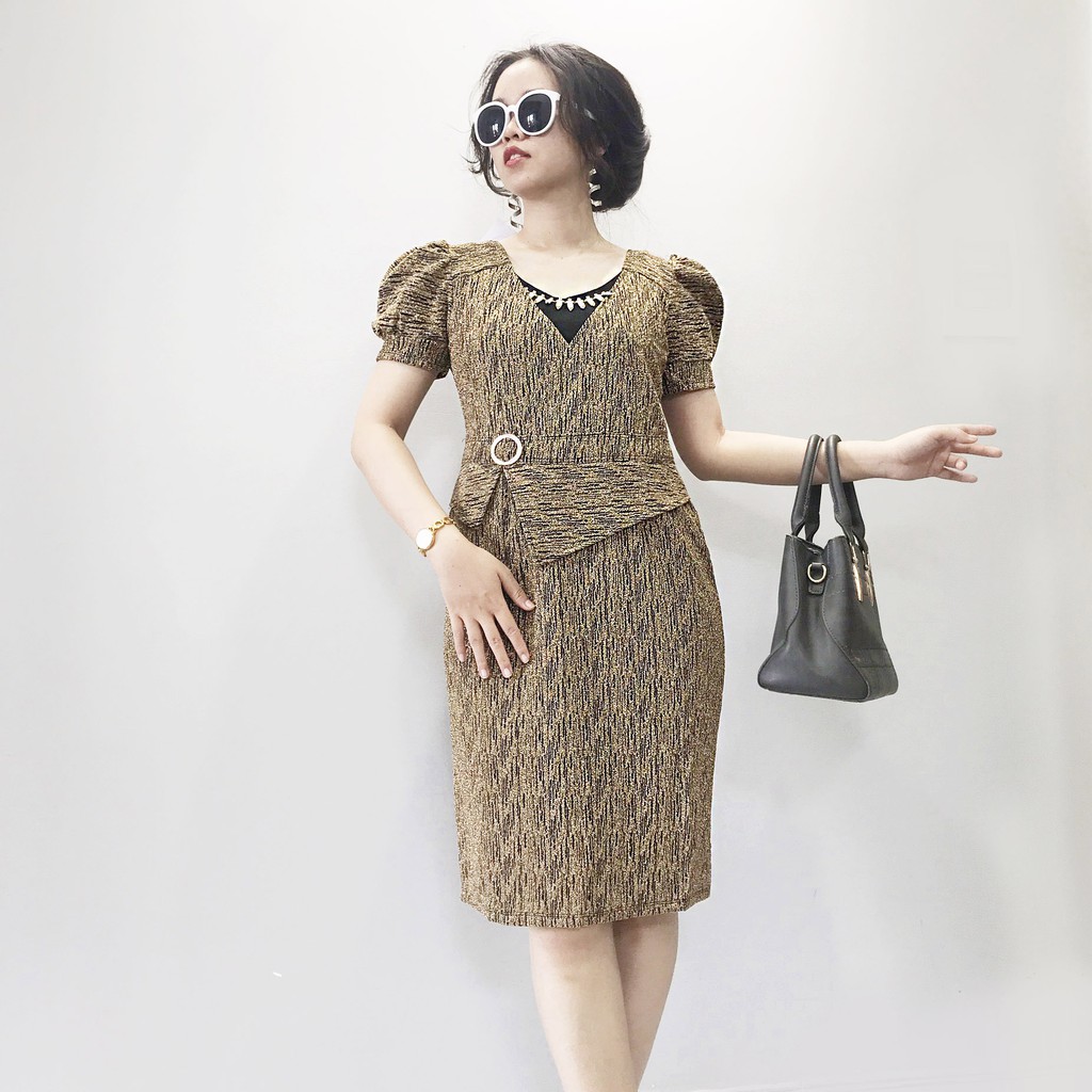 Đầm trung niên dáng ôm tay phồng, váy trung niên dáng peplum dự tiệc MS79 | BigBuy360 - bigbuy360.vn