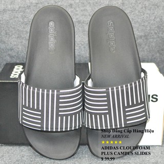 Dép Adidas Cloudfoam Plus Campus màu đen đế trắng quai đen sọc trắng