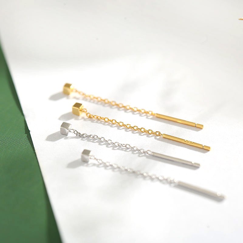 Bông Tai Ba Chiều Hình Vuông Nhỏ Dáng Ngắn Phối Tua Rua Phong Cách Mori Hàn Quốc Nhật Bản / Mori Trong Suốt Cho Nữ