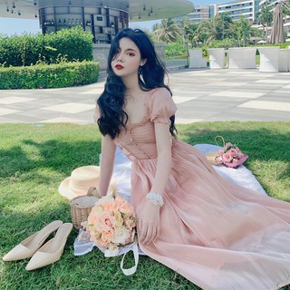 (Sẵn S) Đầm công chúa dự tiệc kính trơn hồng cam pastelnhẹ nhàng