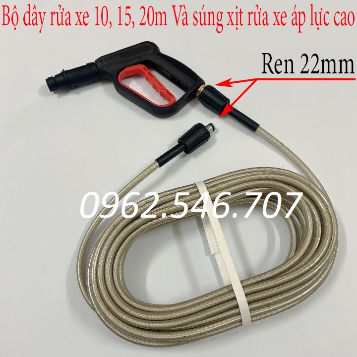 Bộ 10M-15M-20M-30M Dây Rửa Xe Áp Lực Cao 3 Lớp Lõi và súng xịt - súng rửa xe áp lực cao ren 22mm