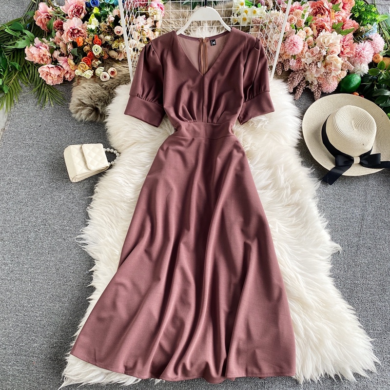 Đầm tay ngắn cổ chữ v màu trơn phong cách retro thời trang Hàn Quốc cho nữ