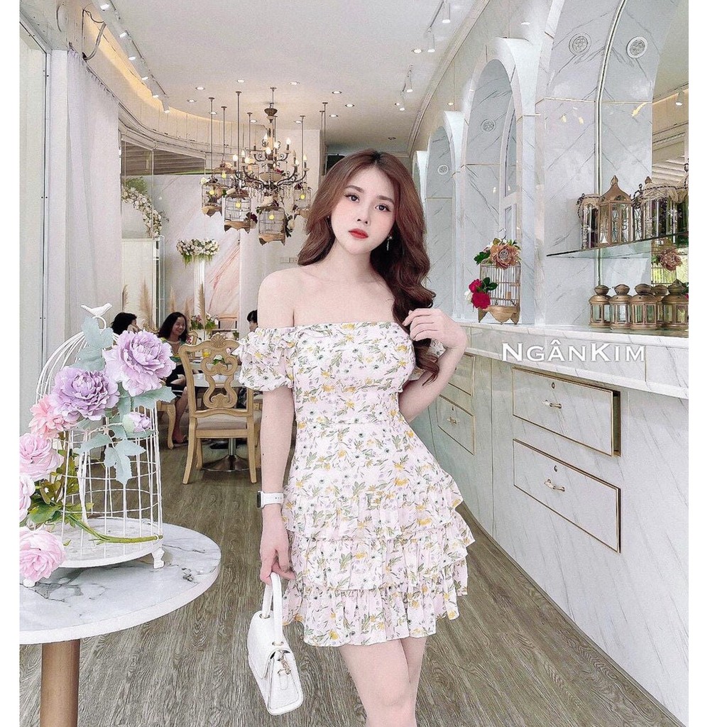 Đầm Váy Lụa Hoa Trễ Vai, Chân Váy Xếp Tầng Qúy Cô Sang Trọng Dự Tiệc | BigBuy360 - bigbuy360.vn