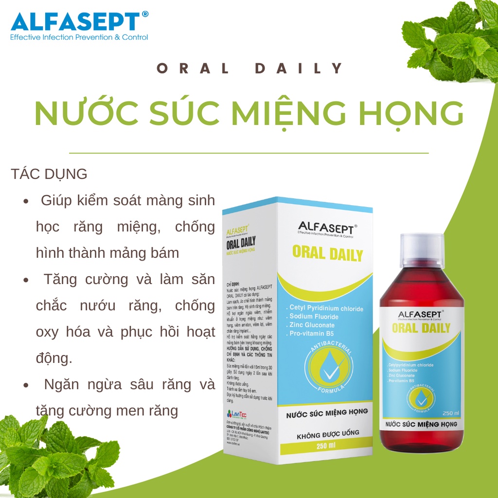 Nước Súc Miệng Họng ALFASEPT Oral Daily Giúp Ngăn Ngừa Sâu Răng Và Củng Cố Men Răng Lọ 250ml