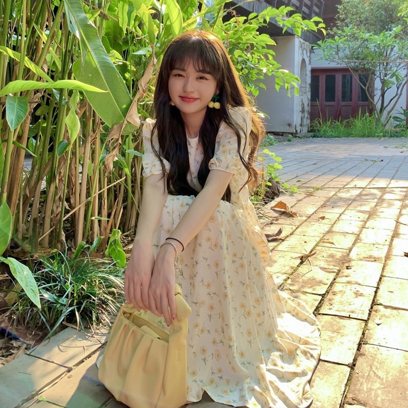 Váy Babydoll Hoa Nhí Vintage 2 Lớp Dáng Dài