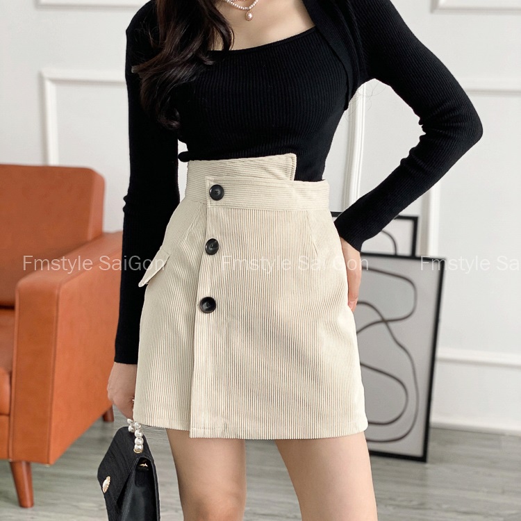 Chân váy nhung chữ A lệch cạp 3 nút kiểu dáng ulzzang thời trang nữ Fmstyle Saigon 21CV10QI2709 | BigBuy360 - bigbuy360.vn