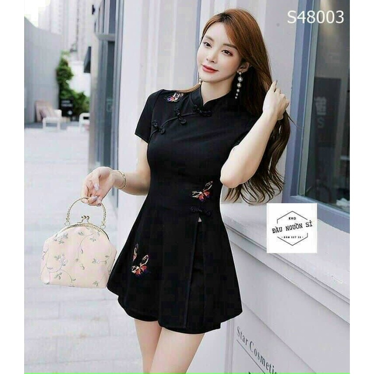 Set Bộ Nữ Áo Cổ Tàu Nút Bọc Thêu Họa Tiết Kèm Quần Short Duyên Dáng Sang Chảnh Thời Trang Xm Minh Phúc