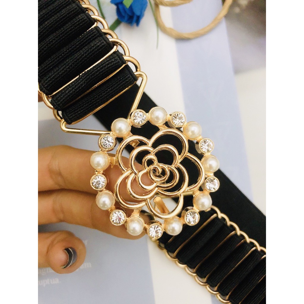 Dây nịt bản thun xếp ly hoa hồng viền hạt xung quanh cực sang chảnh bản 3cm mẫu hot