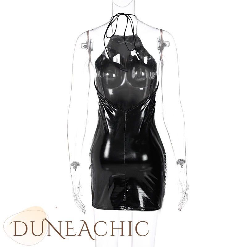 DUNEA Đầm dây da PU hở lưng xẻ tà quyến rũ dành cho nữ