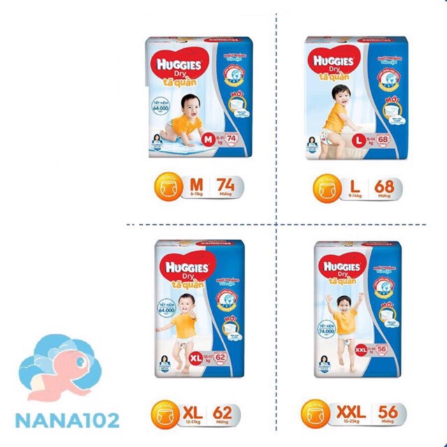 Tã bỉm quần Huggies M74, L68, XL62, XXL56