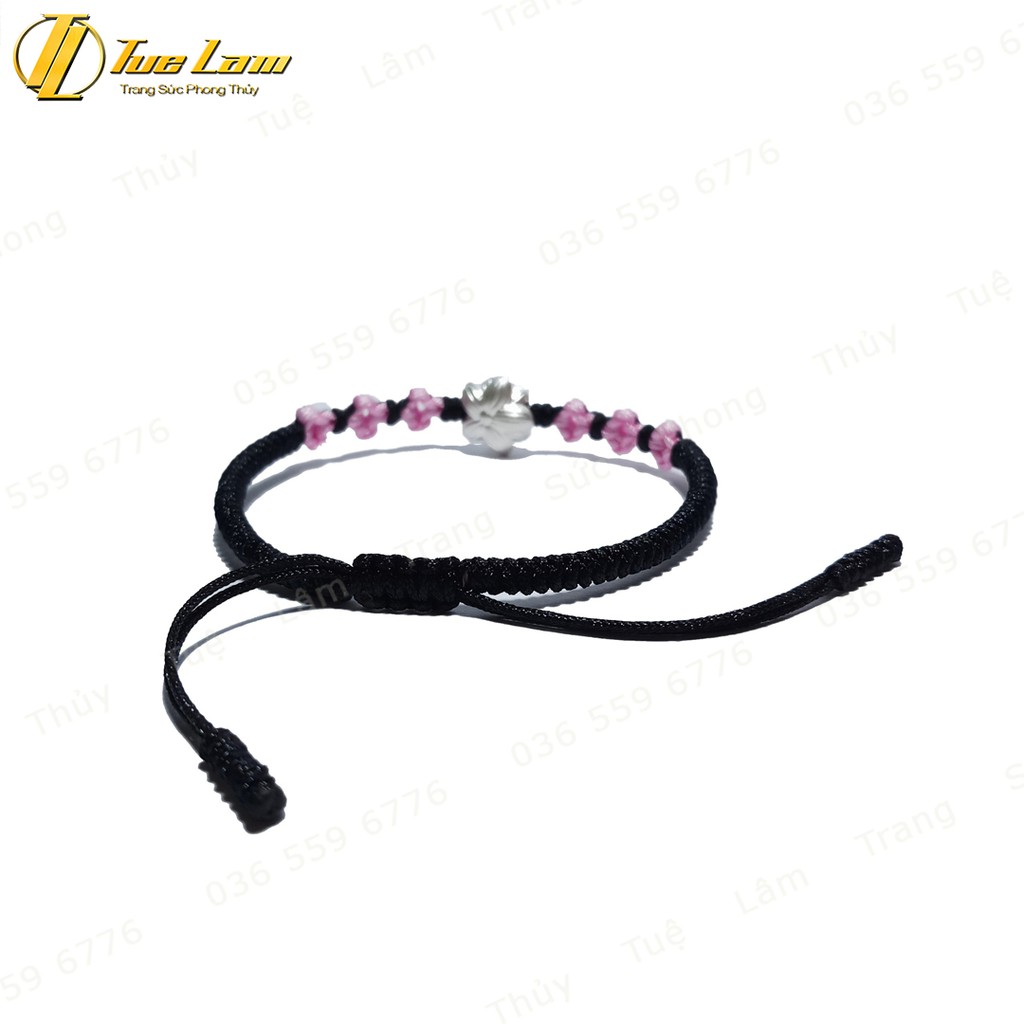 Vòng chỉ may mắn bện hoa nhí tím mix charm hoa sen bạc bình an - Tuệ Lâm