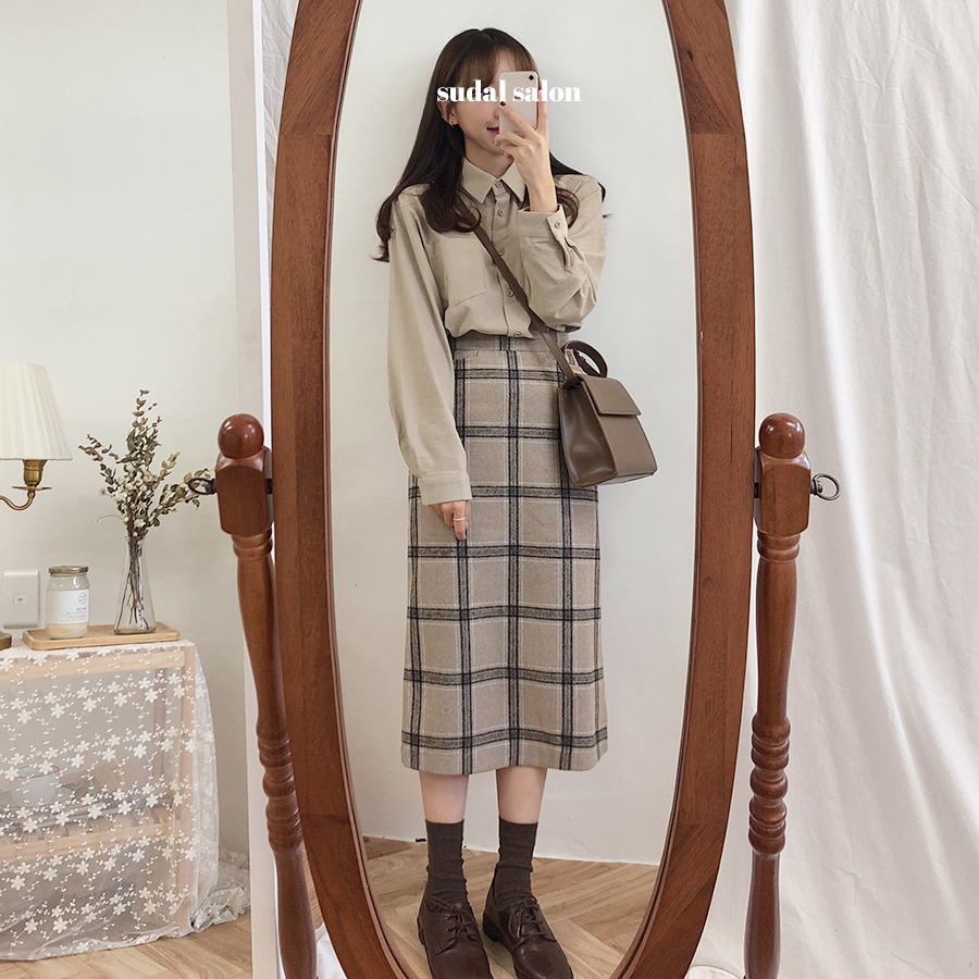 Chân váy dài vừa vải len lưng cao kẻ sọc ô vuông 26843