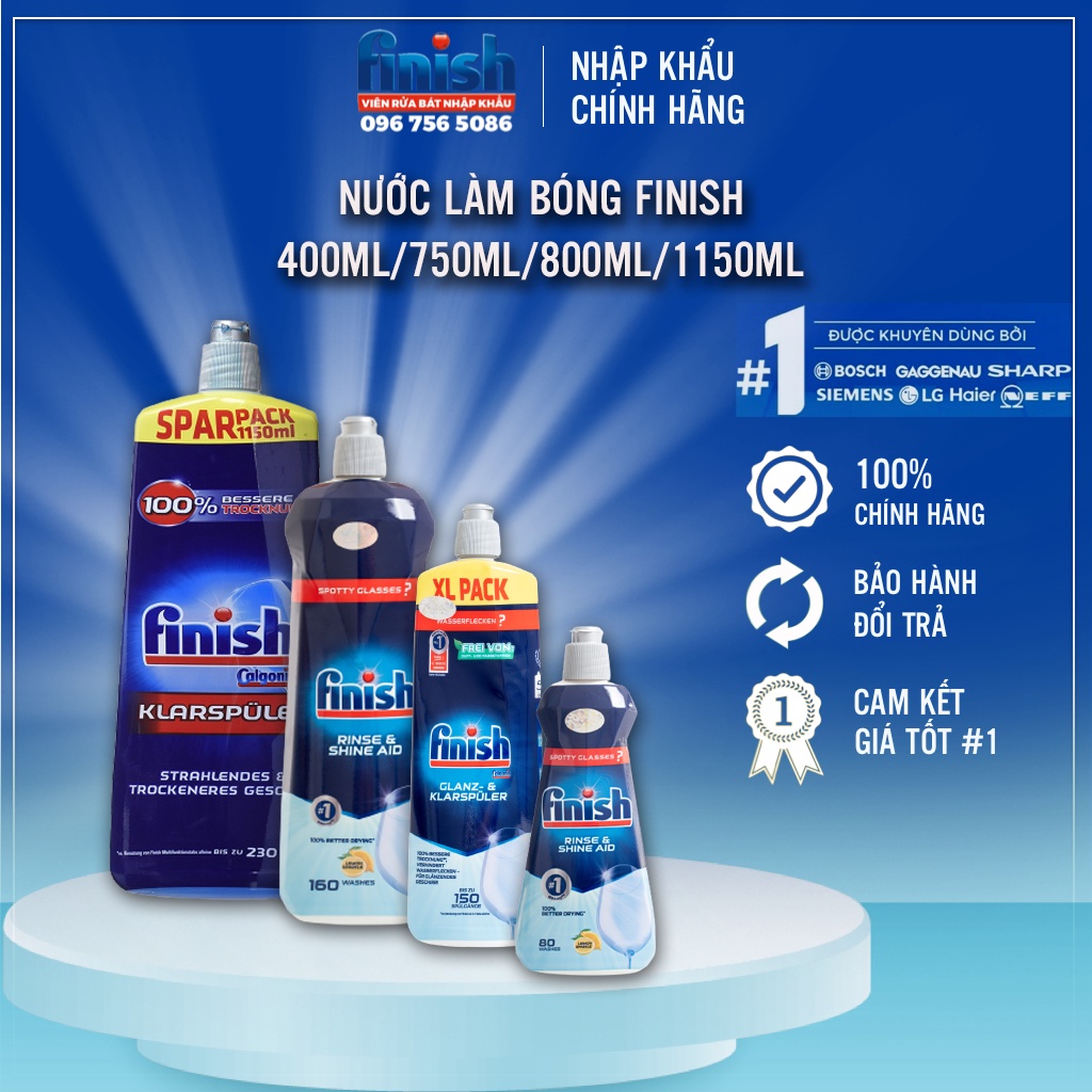 Nước làm bóng Finish size 400ml / 750ml / 800ml/ 1150ml, giúp sáng bóng và tăng khả năng chịu va đập, làm khô nhanh