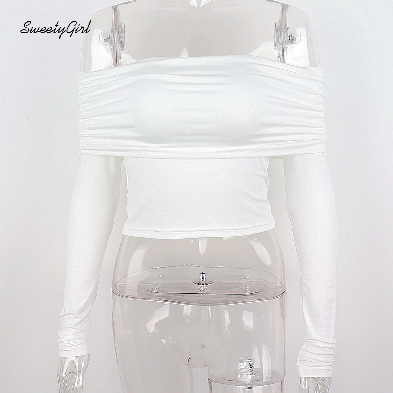 Áo croptop tay dài trễ vai dáng ôm màu trơn thời trang quyến rũ cho nữ