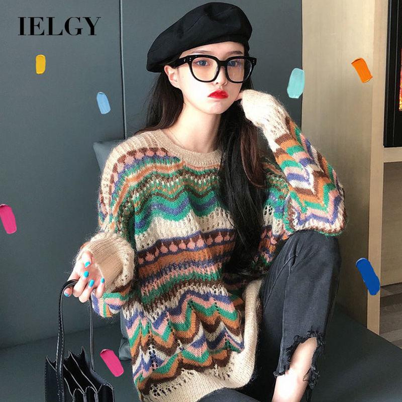 IELGY Áo sweater dệt kim mỏng dáng rộng kiểu retro phương Tây cá tính