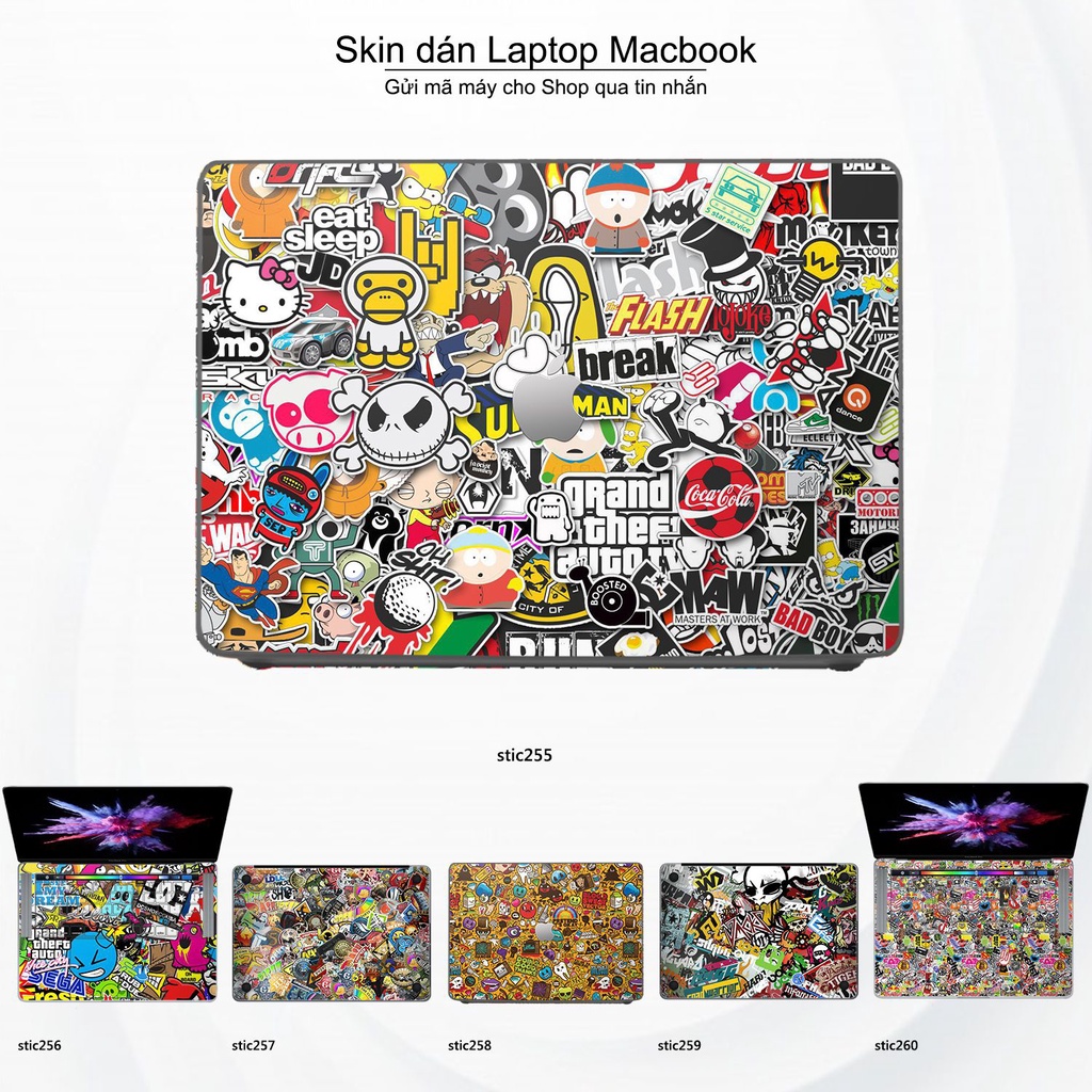 Skin dán Macbook mẫu stickerbomb (đã cắt sẵn, inbox mã máy cho shop)