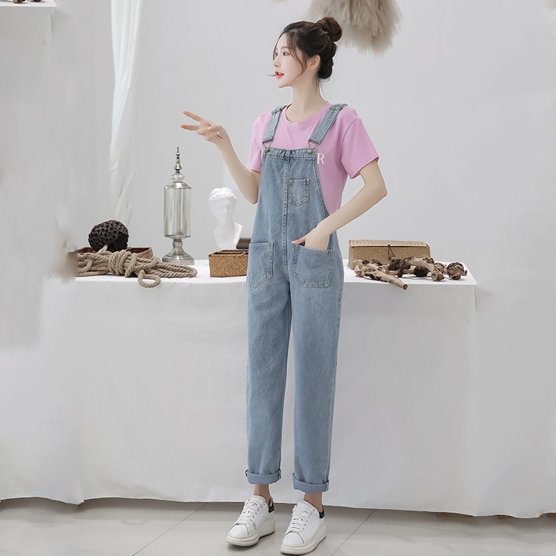 Quần yếm jean dài Nữ ống rộng ulzzang phối túi nắp cực xinh phong cách Hàn Quốc YN01