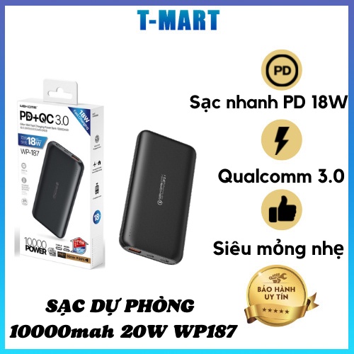 Sạc dự phòng PD18W +QC3.0 chính hãng, Pin Sạc Dự Phòng WP-187 20W 10000mAh Sạc Nhanh PD 18W