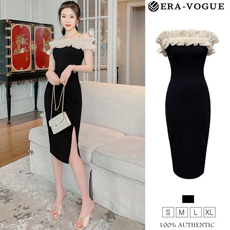 Eravogue🌷 Đầm Trễ Vai Nhún Bèo Màu Đen Phong Cách Hàn Quốc Thanh Lịch Cho Nữ váy dạ hội 4993