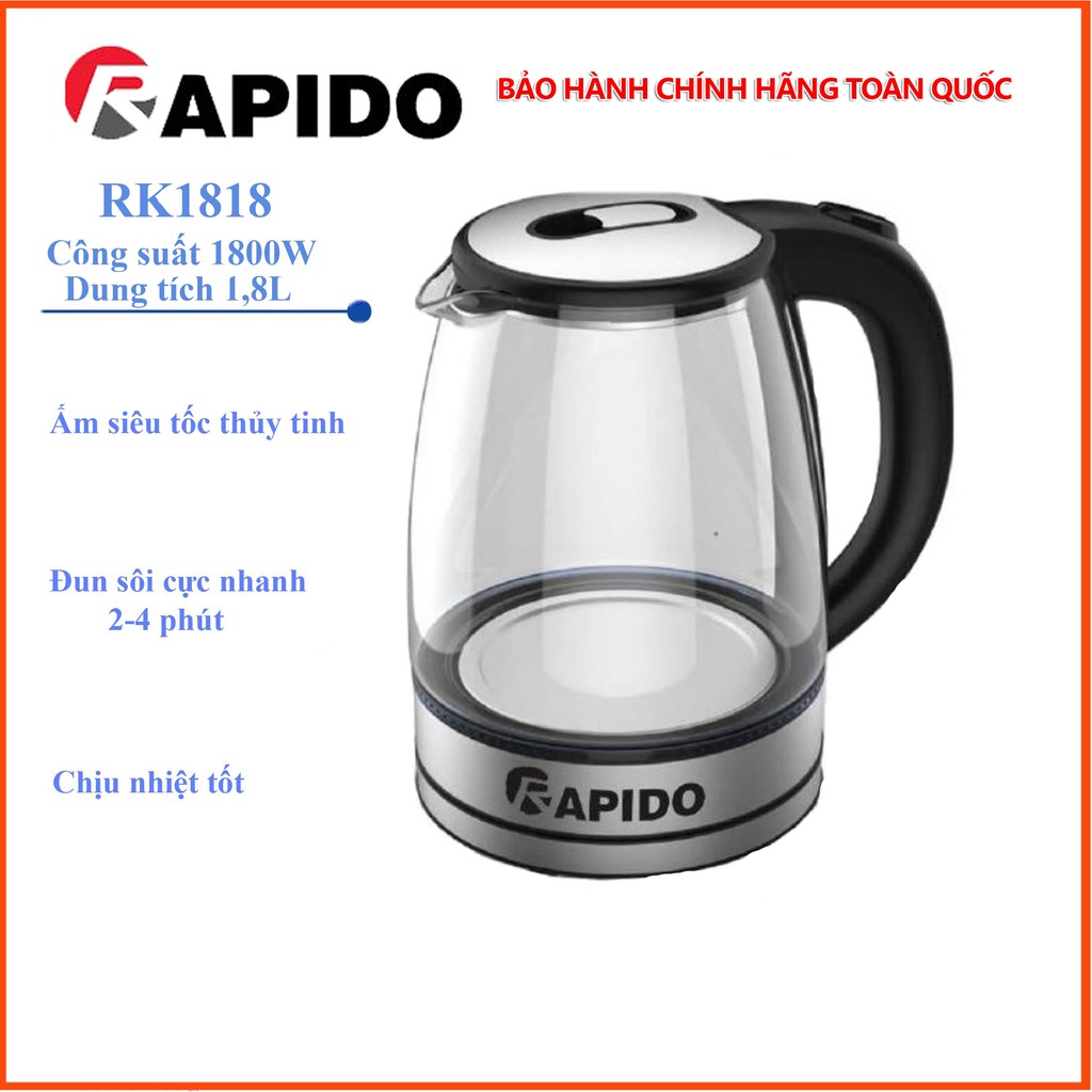 Ấm nước, Bình Đun Siêu Tốc Rapido RK1818, 1.8L, An Toàn, Chịu Va Đập Cao