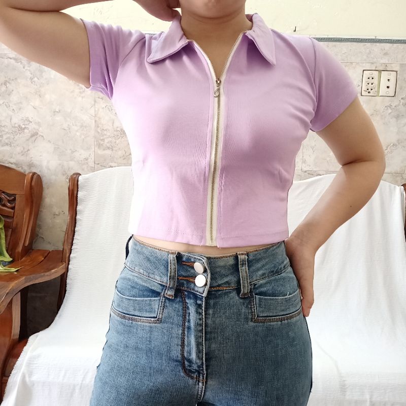 Áo Croptop Nữ Thiết Kế Cổ Sơ Mi Có Dây Kéo Trước Chất Thun Co Giãn Nhiều Màu Sắc Đỏ,đen, Trắng