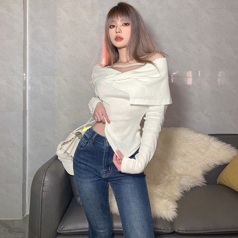 Áo tay dài trễ vai bèo cá tính cho nữ hàng taobao