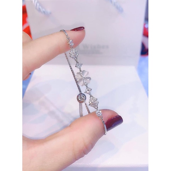 Lắc tay nữ bạc ý, dây rút điều chỉnh size, cỏ 4 lá đá lấp lánh nhẹ nhàng tinh tế Mainomi Shop Bạc Xinh