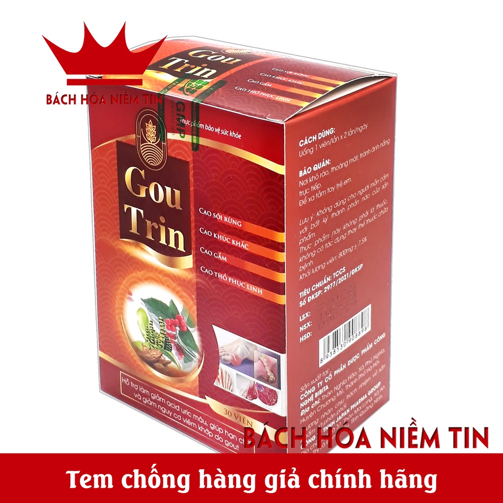 Viên uống giảm Gút GOUTRIN - giảm acid máu, giảm đau, sưng do gout thành phần cao sói rừng - Hộp 30 viên chuẩn GMP